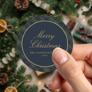 Sticker Rond Élégant Plaid de Noël Classique