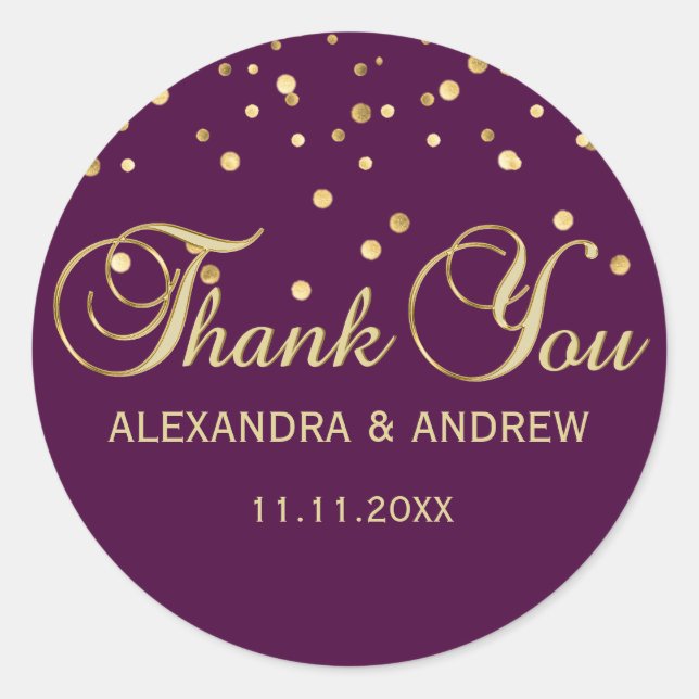 Sticker Rond Élégant PLUM PURPLE MAUVE Gold Mariage Merci (Devant)