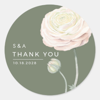 Sticker Rond Élégant Ranunculus Monogramme Vert Sauge Mariage 