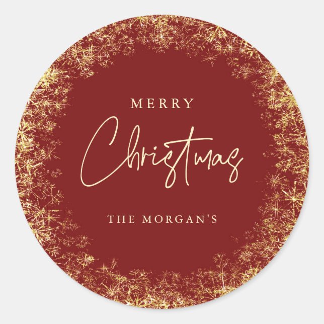 Sticker Rond Élégant Red Gold Snowflakes Joyeux Noël (Devant)