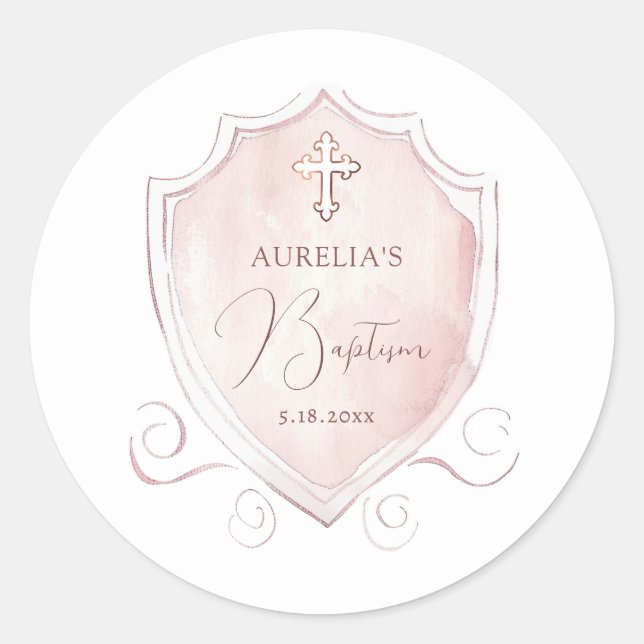 Sticker Rond Élégant rose Aquarelle Crest Baptême (Devant)