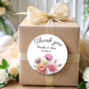 Sticker Rond Elégant rose Blush Floral Merci Mariage Favoriser