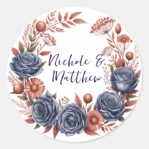 Sticker Rond Élégant Rose de la marine et Mariage de fleurs en 