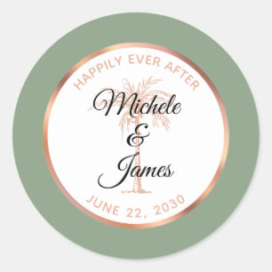 Sticker Rond Elégant Rose de Sage Gold Palm Tree Mariage Tropic
