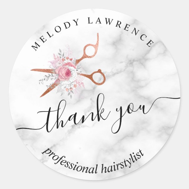 Sticker Rond Elégant rose en cuivre ciseaux en or coiffeuse (Devant)