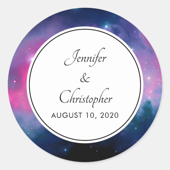 Sticker Rond Élégant rose et bleu Galaxy Etoiles Mariage Abstra (Devant)