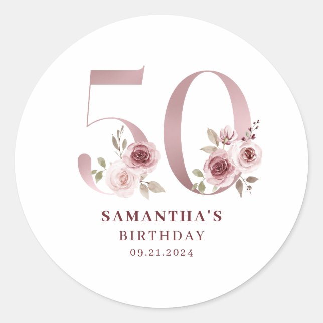 Sticker Rond Élégant rose floral 50e anniversaire (Devant)