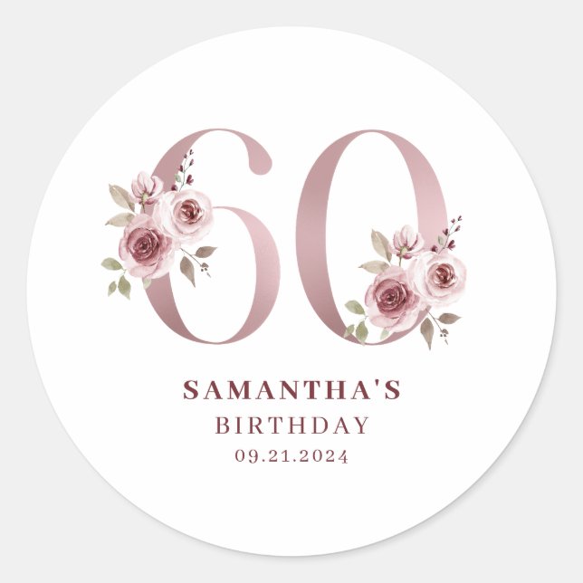 Sticker Rond Élégant rose floral 60e anniversaire (Devant)
