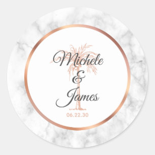 Sticker Rond Elégant Rose gris or Palm Tree Marble Mariage