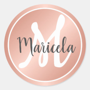 Sticker Rond Élégant Rosé Or Pastel rose Nom monogramme