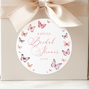 Sticker Rond Élégant Rose Pâle Papillon Baby Shower de Mariage 