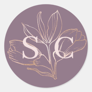 Sticker Rond Élégant Rose Poussiéreuse Monogramme Botanique Mar
