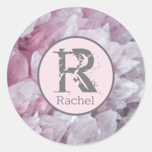 Sticker Rond Élégant rose Quartz Nom Monogramme Modèle