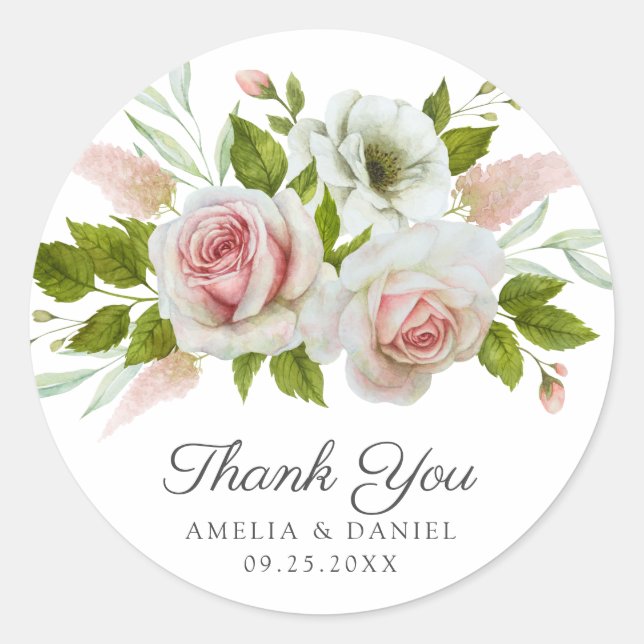 Sticker Rond Elégant rose Roses Aquarelle Mariage Floral (Devant)