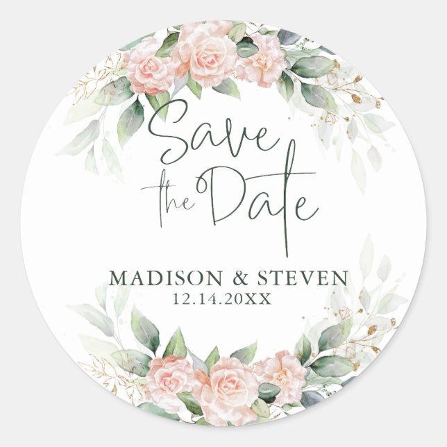 Sticker Rond Élégant rose Roses Eucalyptus Mariage de couronne (Devant)