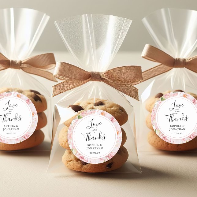 Sticker Rond Élégant rose Roses Mariage Favoriser Merci (Elegant Pink Roses Love and Thanks Wedding Favor Stickers)