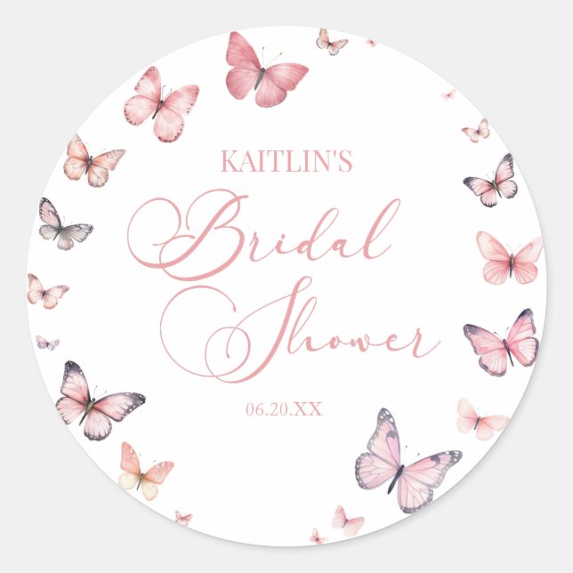 Sticker Rond Élégant rose tendre papillon douche de mariage  (Devant)
