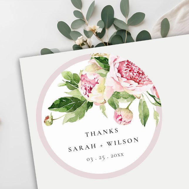 Sticker Rond Elégant rose vert pivoine Floral Merci Mariage (Créateur téléchargé)