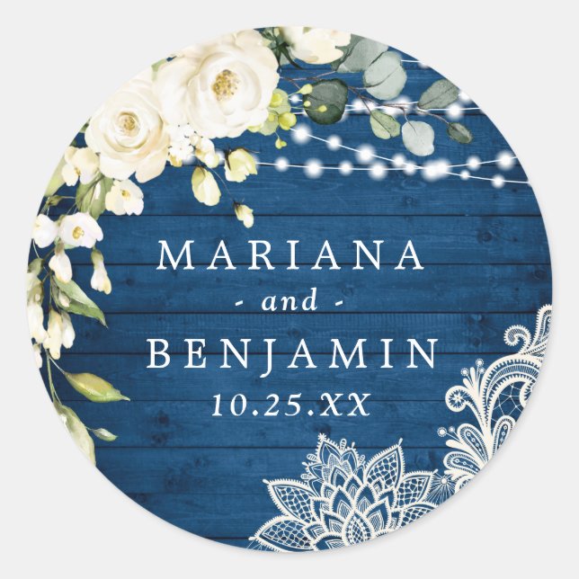 Sticker Rond Elégant Roses Blanches Dentelle Mariage en bois ru (Devant)