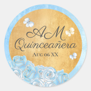 Sticker Rond Élégant Roses Papillons Bleu Or Quinceañera