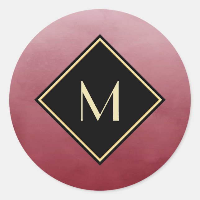 Sticker Rond Élégant Rouge Brossé Avec Monogramme Or Simple (Devant)