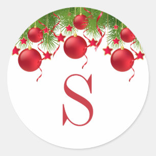 Sticker Rond Élégant Rouge Noël Ornements Verdure Monogramme