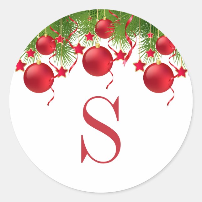 Sticker Rond Élégant Rouge Noël Ornements Verdure Monogramme (Devant)