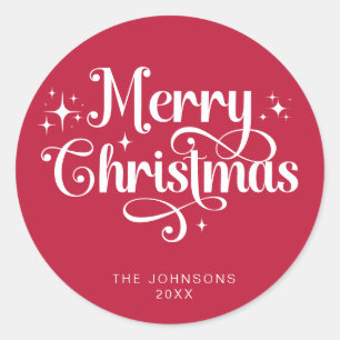 Sticker Rond Élégant rouge rétro Joyeux script de Noël personna