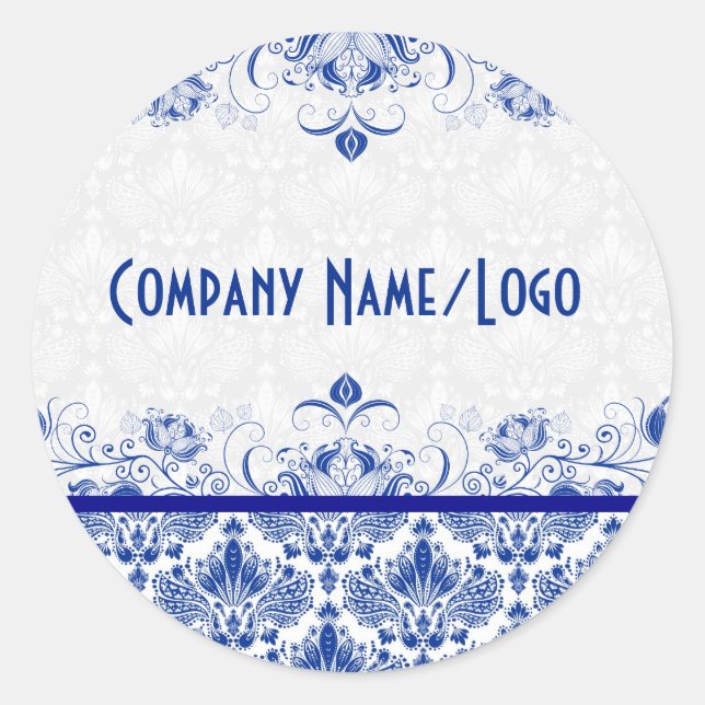Sticker Rond Elégant Royal Bleu Et Blanc Damas & Fils (Devant)