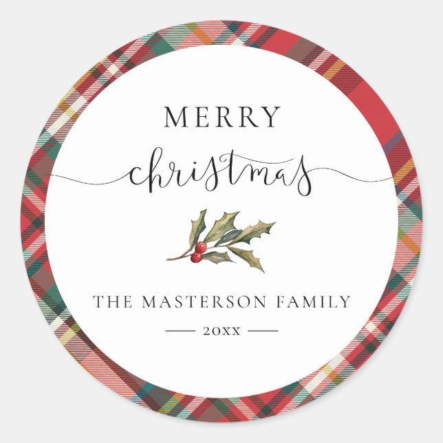 Sticker Rond Elegant Rustic Red Checkered Plaid Christmas (Devant)