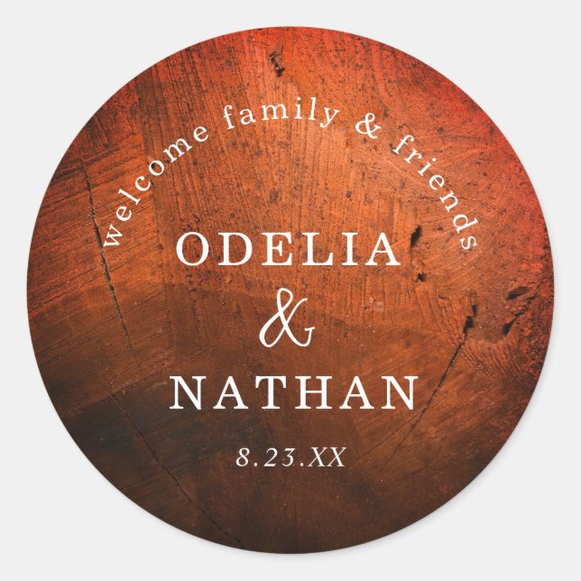 Sticker Rond Elegant Rustic Wood Grain Texture Arched Wedding (Devant)