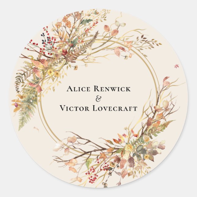 Sticker Rond Elégant Rustique Automne Beige Mariage Enveloppe P (Devant)