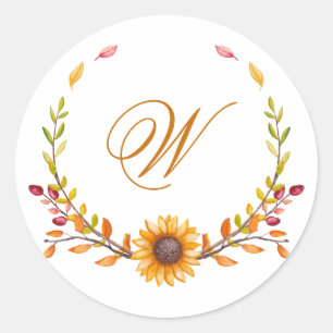 Sticker Rond Élégant Rustique Automne Bouquet Floral Monogramme