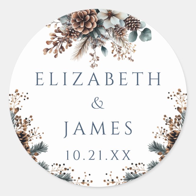 Sticker Rond Élégant Rustique Forêt Floral Pinecones Mariage (Devant)