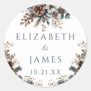Sticker Rond Élégant Rustique Forêt Floral Pinecones Mariage