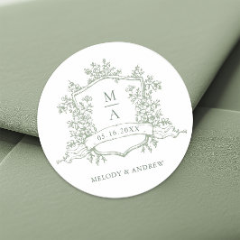 Sticker Rond Élégant Sage Green Crest Floral Monogrammes Mariag