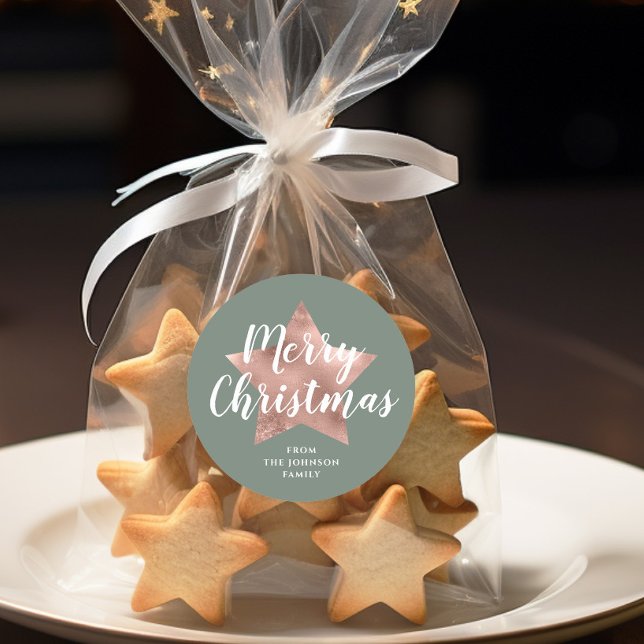 Sticker Rond Élégant Sage Green Rose Gold Star Noël (Modern Sage Green Rose Gold Star Christmas Classic Round Sticker)