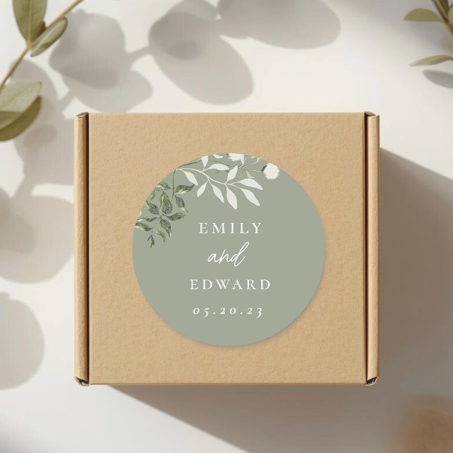 Sticker Rond Elegant Sage Greenery Wedding Envelope Seal (Créateur téléchargé)
