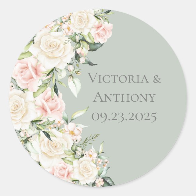 Sticker Rond Elégant Sage Vert Aquarelle Mariage Floral (Devant)