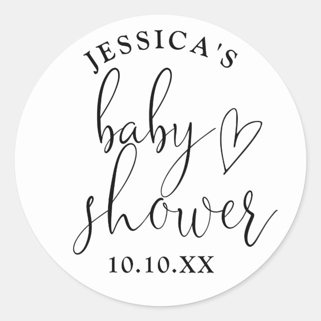 Sticker Rond Élégant Script Baby shower noir et blanc Favoriser (Devant)