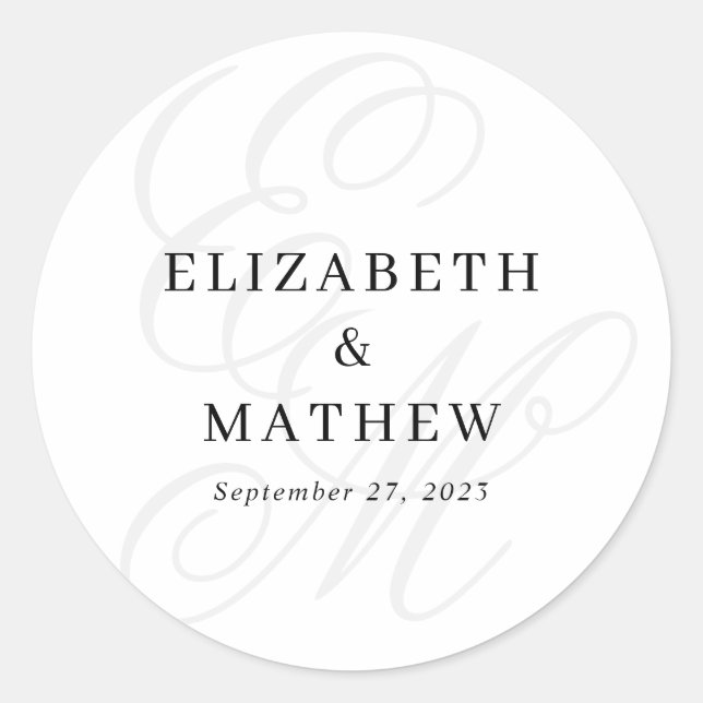 Sticker Rond Élégant Script blanc ivoire Mariage Monogramme bla (Devant)