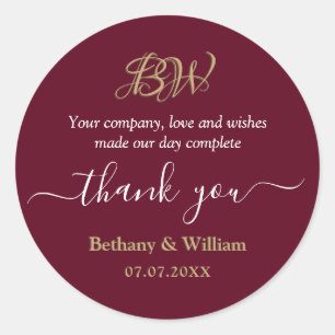 Sticker Rond Élégant Script Couples Monogramme Merci Favor
