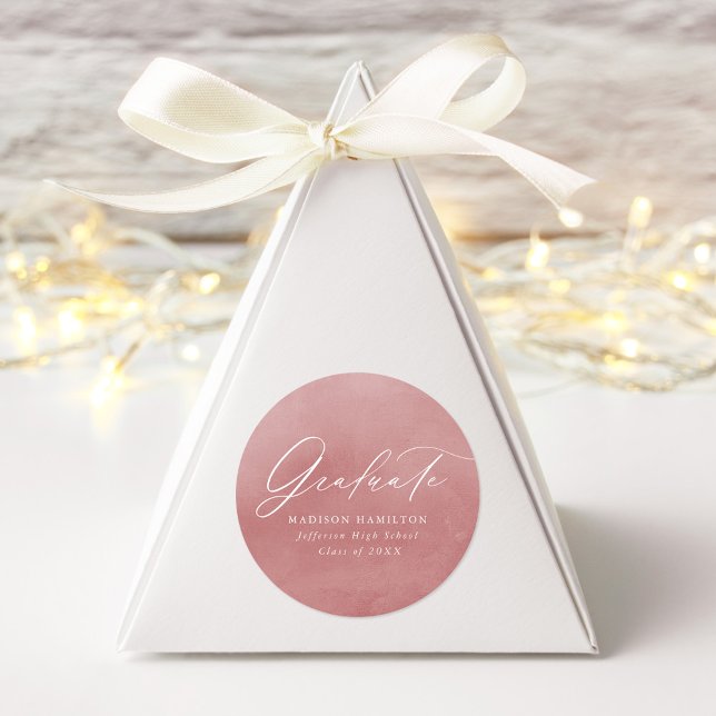 Sticker Rond Élégant Script Dusty Rose Aquarelle Graduation (Créateur téléchargé)