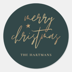 Sticker Rond Élégant Script Joyeux Noël Gold Star Dark Turquois