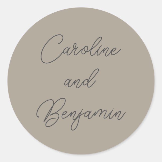 Sticker Rond Élégant Script Mariage Noms Taupe Grey (Devant)