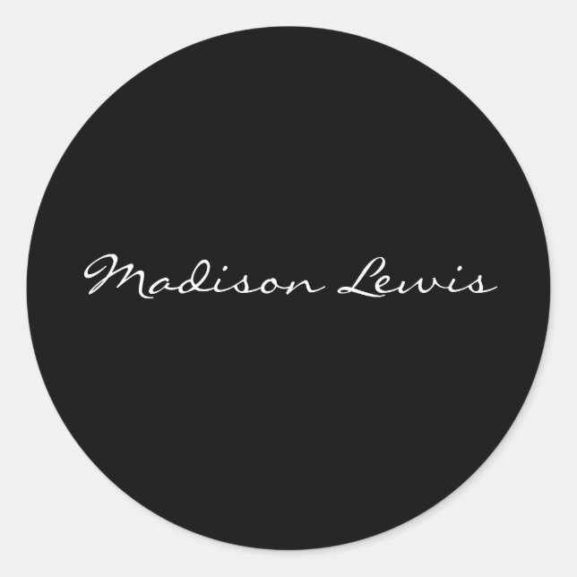 Sticker Rond Élégant Script Plaque Noir Nom Calligraphie (Devant)
