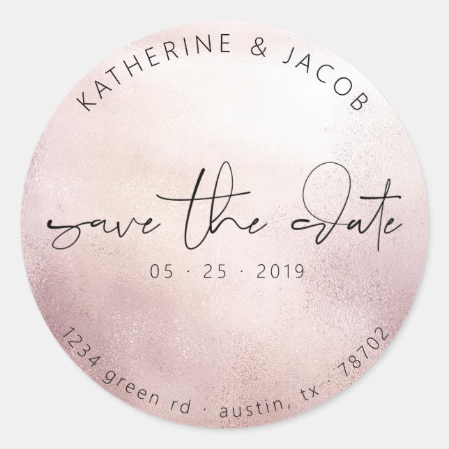 Sticker Rond Élégant Script Rose Gold | Enregistrer La Date (Devant)