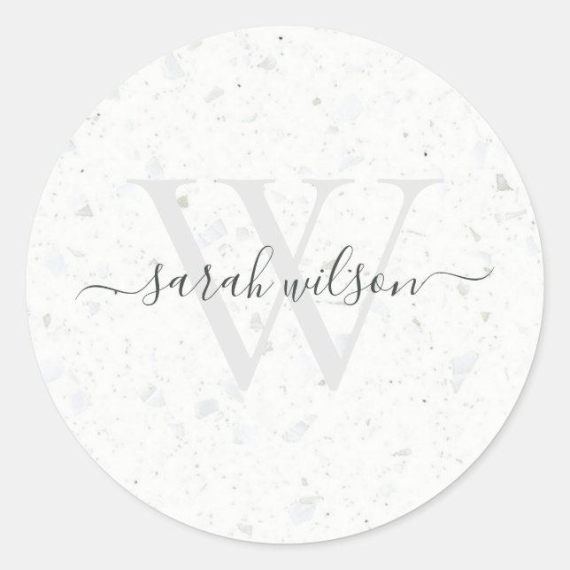 Sticker Rond Élégant Script Terrazzo Pierre ivoire gris monogra (Devant)