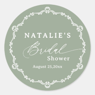 Sticker Rond Élégant Script Vert Sauge Baby Shower de Mariée