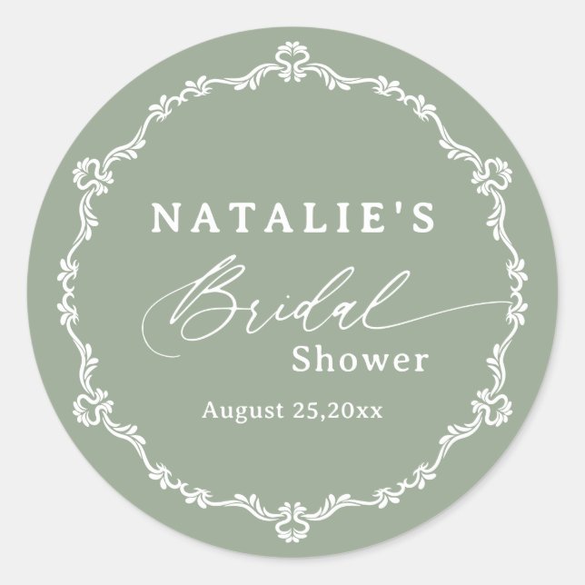 Sticker Rond Élégant Script Vert Sauge Baby Shower Mariage (Devant)